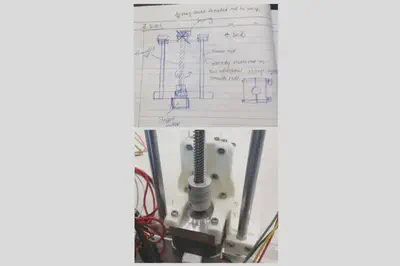 Top: Sketch of Z axis vertical guides design. Bottom: Final Z axis rail guide